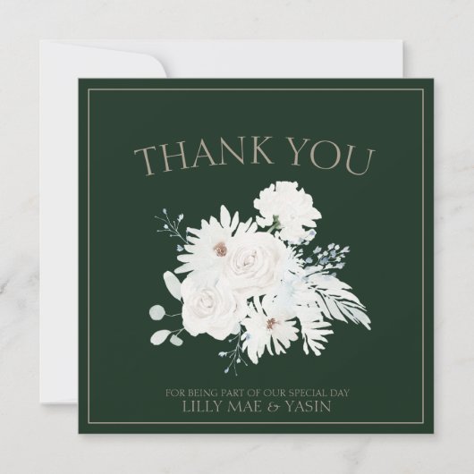 Winter Witte Bloemen en Groene Kerstmis Bruiloft Bedankkaart (Voorkant)