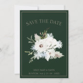 Winter Witte Bloemen en Groene Kerstmis Bruiloft Save The Date (Voorkant)