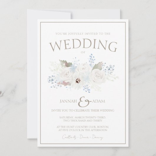 Winter Witte Bloemen en Taupe Kerstmis Bruiloft Kaart (Voorkant)