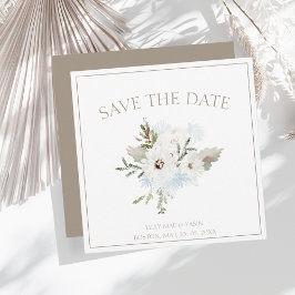 Winter Witte Bloemen en Taupe Kerstmis Bruiloft Save The Date