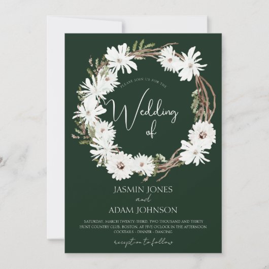 Winter Witte Bloemen Groene Kerstkrans Bruiloft Kaart (Voorkant)