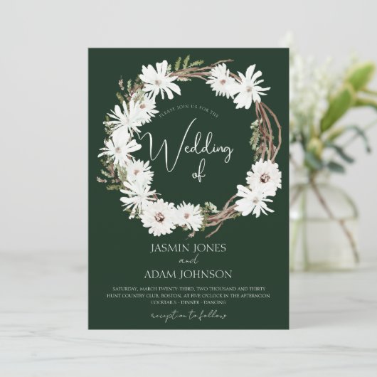 Winter Witte Bloemen Groene Kerstkrans Bruiloft Kaart (Staand voorkant)