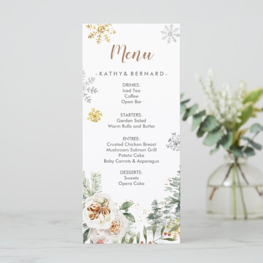 Winter Witte Bloemige Pijnbomen Trouw Menu Kaart (Staand voorkant)