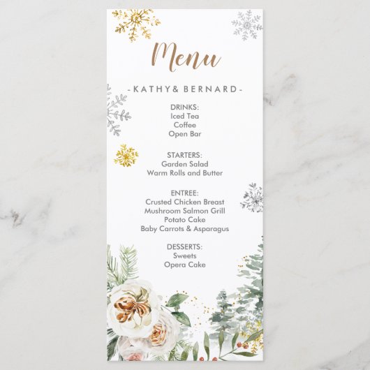 Winter Witte Bloemige Pijnbomen Trouw Menu Kaart (Voorkant)