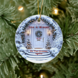 Winter Witte Deur Krans Eerste Kerstmis Samen Keramisch Ornament