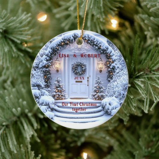 Winter Witte Deur Krans Eerste Kerstmis Samen Keramisch Ornament (Boom)