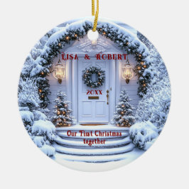 Winter Witte Deur Krans Eerste Kerstmis Samen Keramisch Ornament