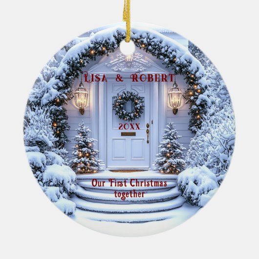 Winter Witte Deur Krans Eerste Kerstmis Samen Keramisch Ornament (Achterkant)