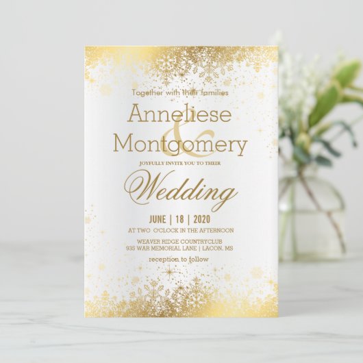 Winter Witte en Gouden Sneeuwvlokken Trouwen Kaart (Staand voorkant)