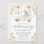 Winter Witte en Gouden Vrachtwagen Bloemen Kerstmi Kaart (Voorkant)