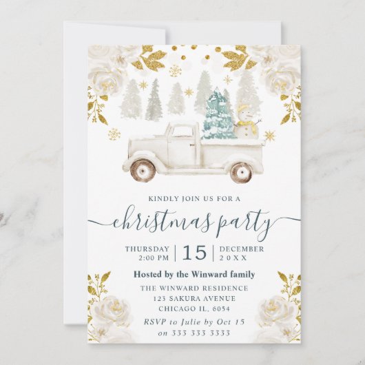 Winter Witte en Gouden Vrachtwagen Bloemen Kerstmi Kaart (Voorkant)