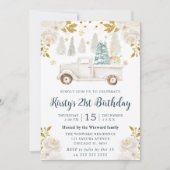 Winter Witte en Gouden Vrachtwagen Bloemen Verjaar Kaart (Voorkant)