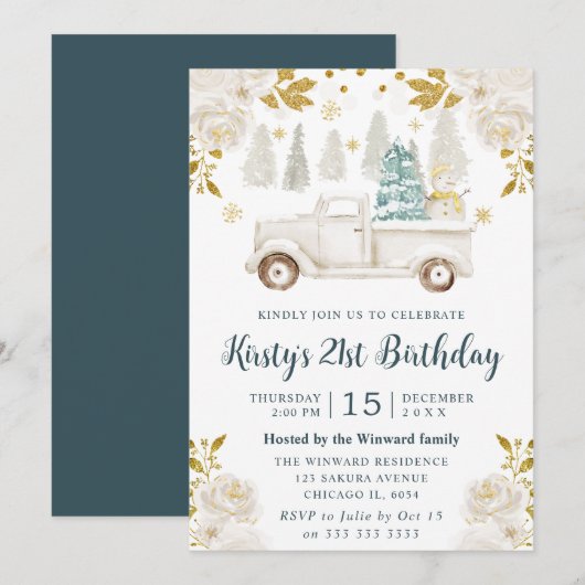 Winter Witte en Gouden Vrachtwagen Bloemen Verjaar Kaart (Voorkant / Achterkant)