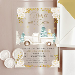 Winter Witte Gouden Bloem Truck Sneeuwman Baby Sho Acryl Uitnodigingen