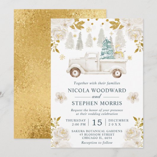 Winter Witte & Gouden Truck Bloem Bruiloft Kaart (Voorkant / Achterkant)