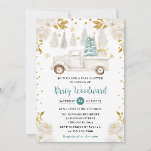 Winter Witte & Gouden Truck Bloemen Baby Shower Kaart