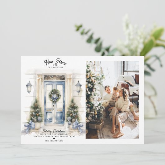 Winter Witte Kerst Deur Nieuwe Home Foto Verhuizen Feestdagenkaart (Staand voorkant)