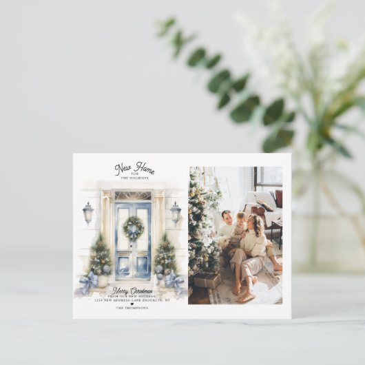 Winter Witte Kerst Deur Nieuwe Home Foto Verhuizen Feestdagenkaart (Staand voorkant)