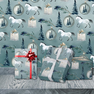 Winter Witte Paarden Blauwe Spruce Bomen & Bessen Cadeaupapier