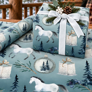 Winter Witte Paarden Blauwe Spruce Bomen & Bessen Cadeaupapier