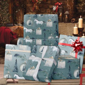 Winter Witte Paarden Blauwe Spruce Bomen & Bessen Cadeaupapier