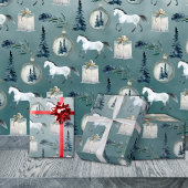 Winter Witte Paarden Blauwe Spruce Bomen & Bessen Cadeaupapier