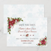 Winter witte poinsettia sneeuwvlokken opslaan de d save the date (Voorkant / Achterkant)