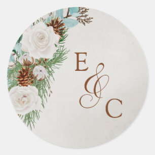 Winter Witte Roos en Dennenappel Trouw Monogram Ronde Sticker