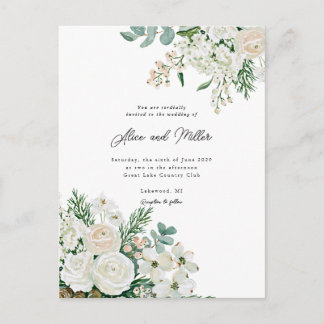 Winter Witte Rozen Dogwood en Sparren Huwelijk Briefkaart