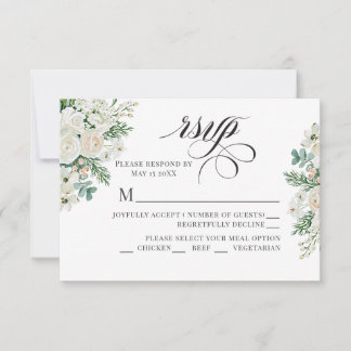 Winter Witte Rozen Dogwood en Sparren Huwelijk RSVP Kaartje