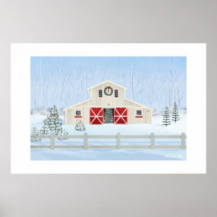Winter Witte Sneeuwachtige Kerststal Grote Print