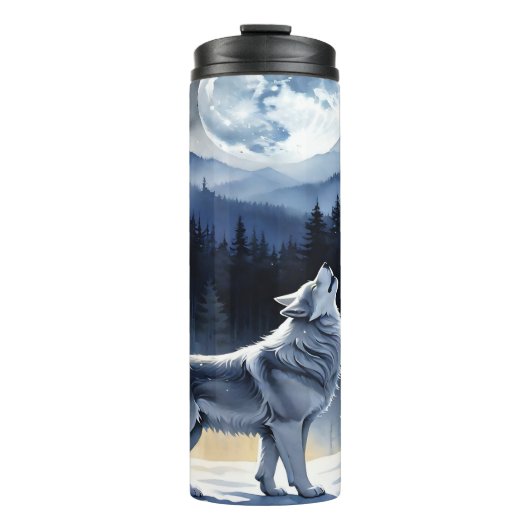 Winter Wolf, Moonlight Howl, Snowy Forest. Thermosbeker (Voorkant)
