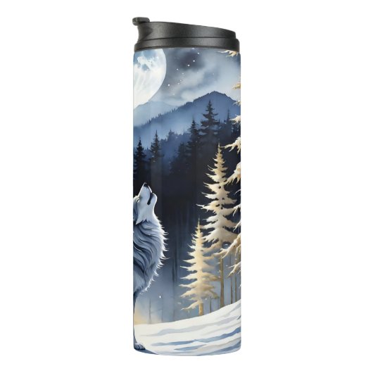 Winter Wolf, Moonlight Howl, Snowy Forest. Thermosbeker (Geroteerd rechts)
