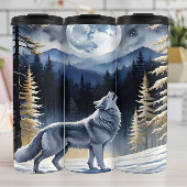 Winter Wolf, Moonlight Howl, Snowy Forest. Thermosbeker
