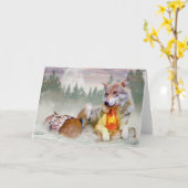 Winter Wolf Sneeuw Kerst Scene Kaart (Gele Bloem)