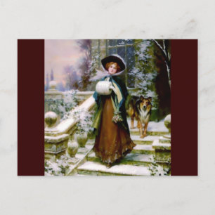 Winter Woman Collie Dog Victoriaans Hand Muff Briefkaart