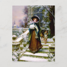 Winter Woman Collie Dog Victoriaans Hand Muff Briefkaart