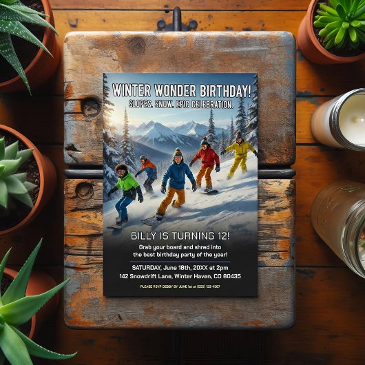 Winter Wonder Snowboard Verjaardagsfeestje Briefkaart