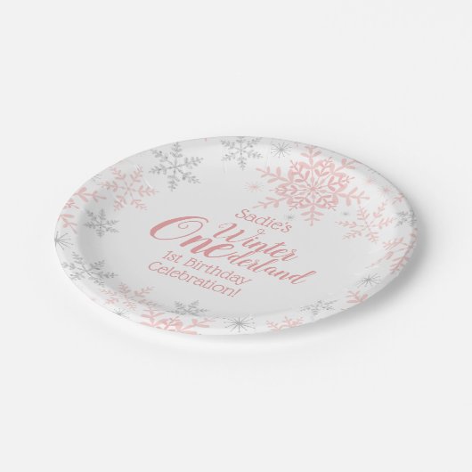 Winter Wonderland 1ste verjaardag Roze Snowflakes Papieren Bordje (Gekanteld)