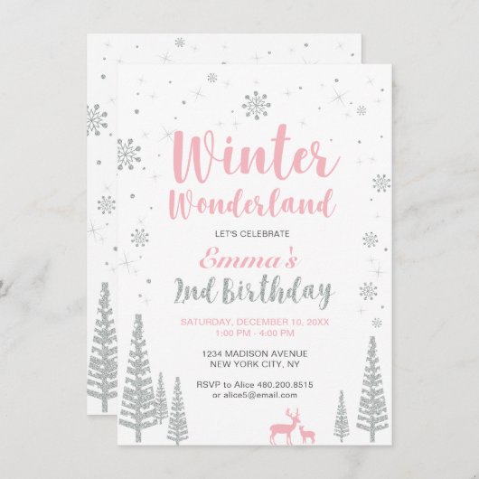 Winter Wonderland 2e verjaardag uitnodiging , meis (Voorkant / Achterkant)