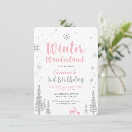 Winter Wonderland 3rd Birthday Invitation, Girl Kaart (Staand voorkant)