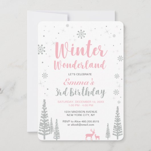 Winter Wonderland 3rd Birthday Invitation, Girl Kaart (Voorkant)