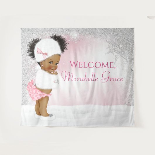 Winter Wonderland Afro Meisje Baby Shower Achtergr Wandkleed (Voorkant (horizontaal))