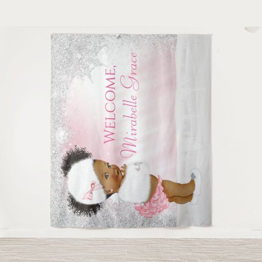 Winter Wonderland Afro Meisje Baby Shower Achtergr Wandkleed (Voorkant)