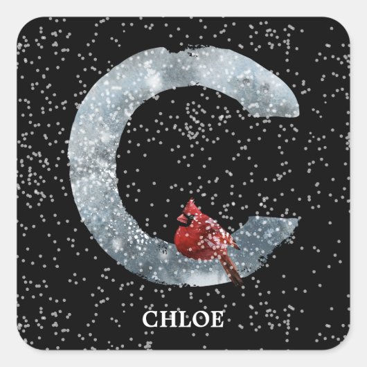 Winter Wonderland Alphabet C Monogram | Roodvogel Vierkante Sticker (Voorkant)