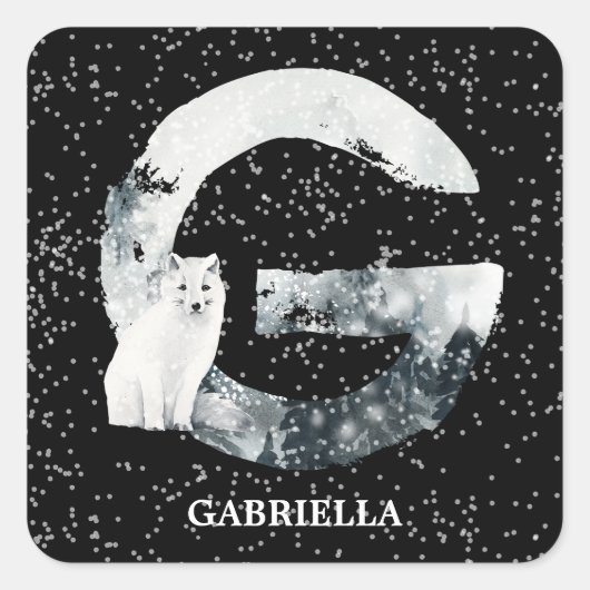Winter Wonderland Alphabet G Monogram | Snow Wolf Vierkante Sticker (Voorkant)