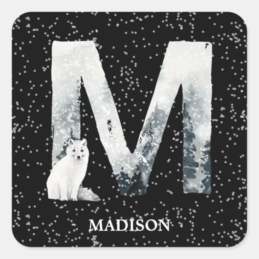 Winter Wonderland Alphabet M Monogram | Snow Wolf Vierkante Sticker (Voorkant)