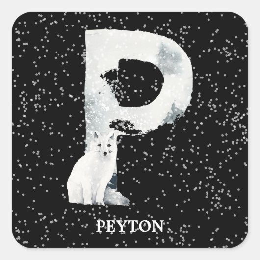 Winter Wonderland Alphabet P Monogram | Snow Wolf Vierkante Sticker (Voorkant)