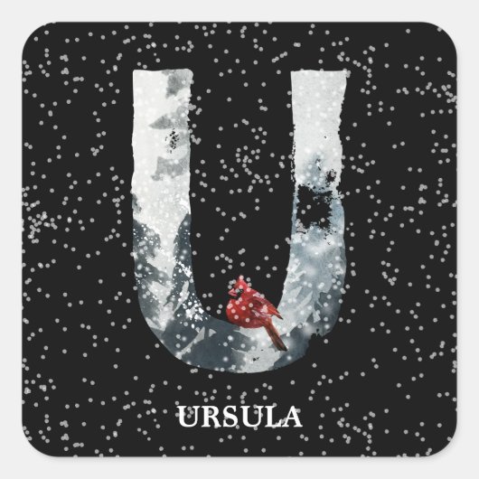 Winter Wonderland Alphabet U Monogram | Roodvogel Vierkante Sticker (Voorkant)
