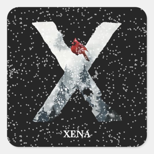 Winter Wonderland Alphabet X Monogram | Roodvogel Vierkante Sticker (Voorkant)